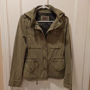 Levi's Womens Military Jacket small Olive Green Zip/Snap Closure Hideaway Hood